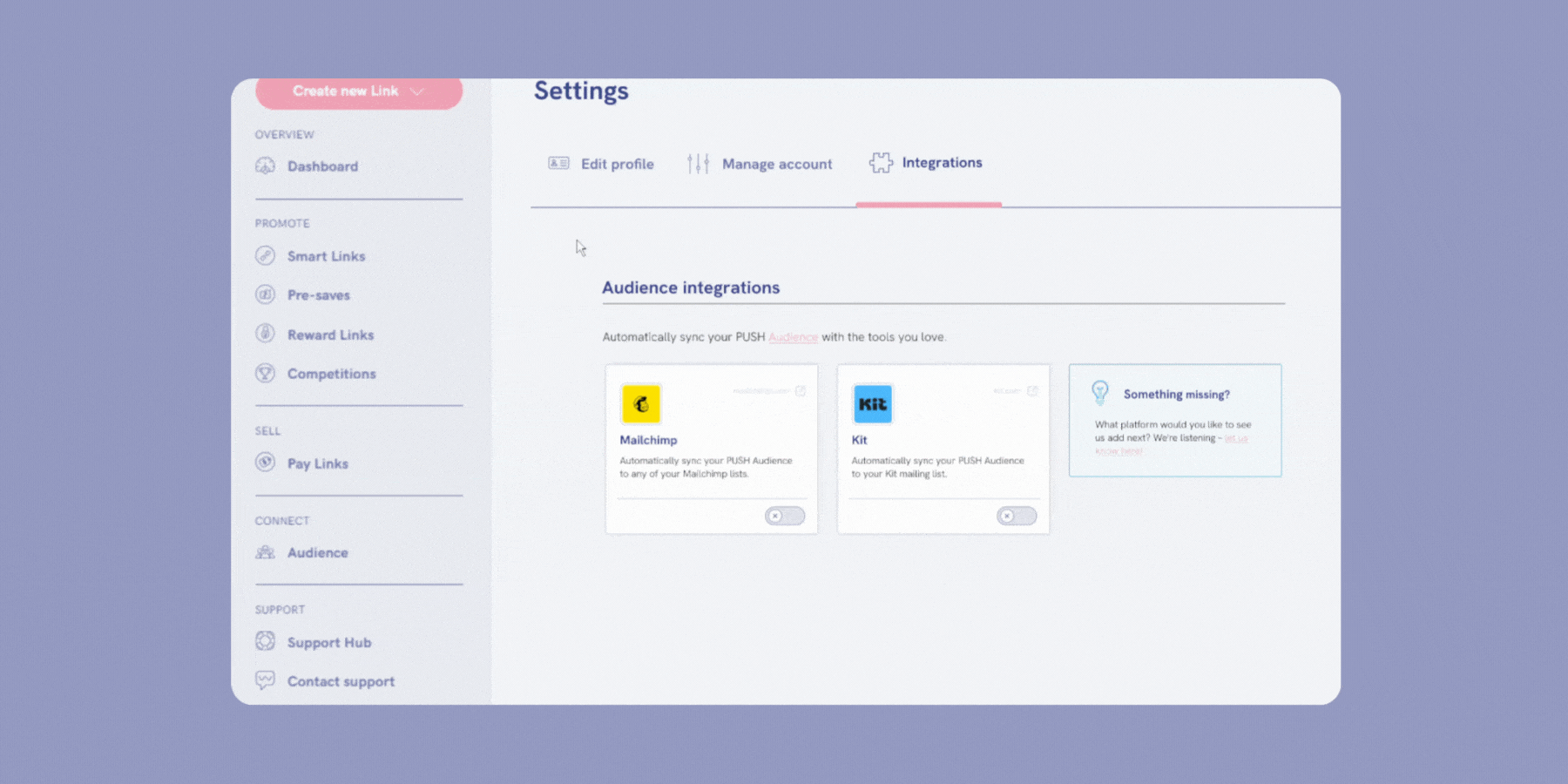 Mailchimp and Kit integration - sync your PUSH.fm mailing lists with your email marketing platform. GIF showing Mailchimp integration.