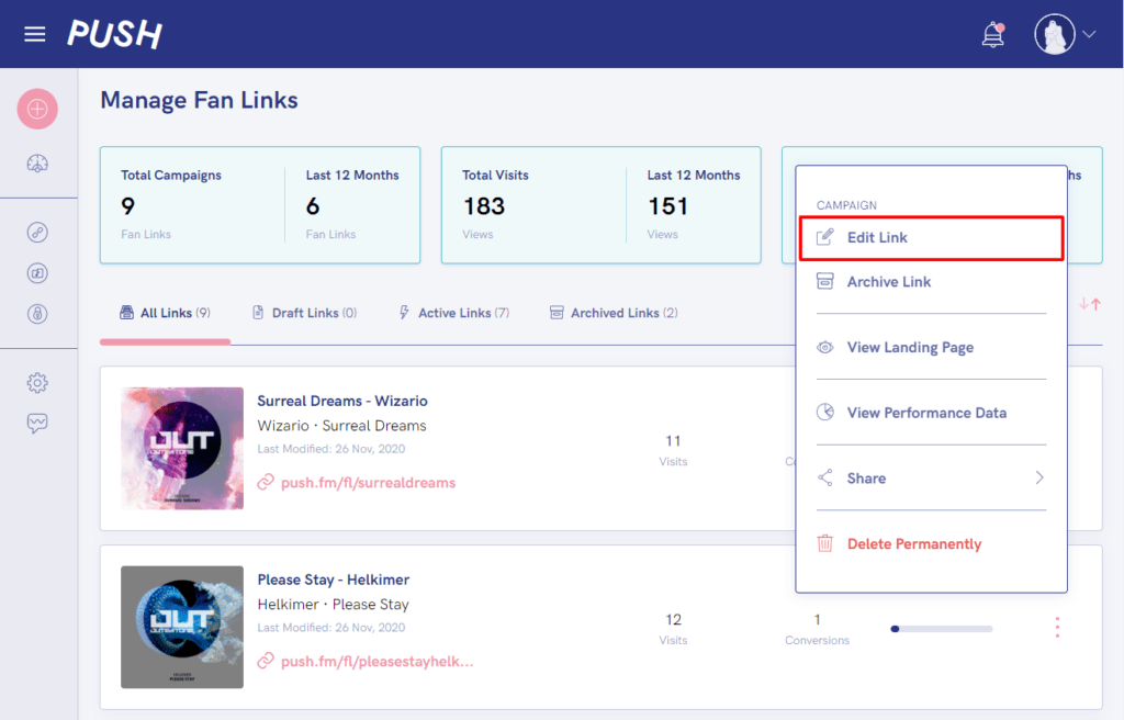 Manage fan link dashboard