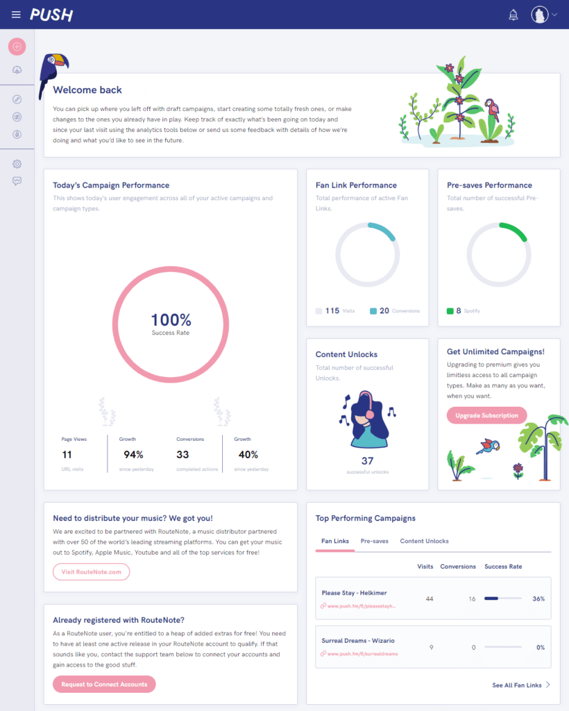 Understanding analytics - measuring your music's impact with PUSH.fm. Screenshot of PUSH analytics.