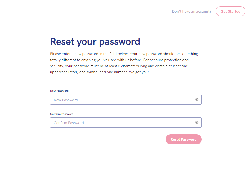 Reset password page