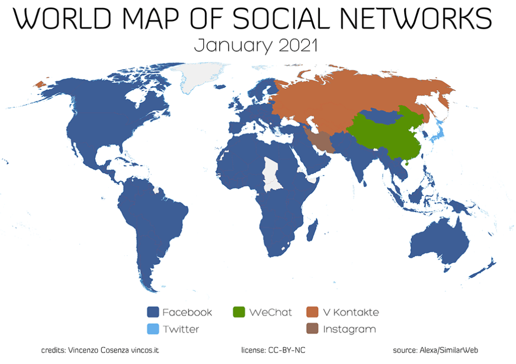 World map of popular social networks