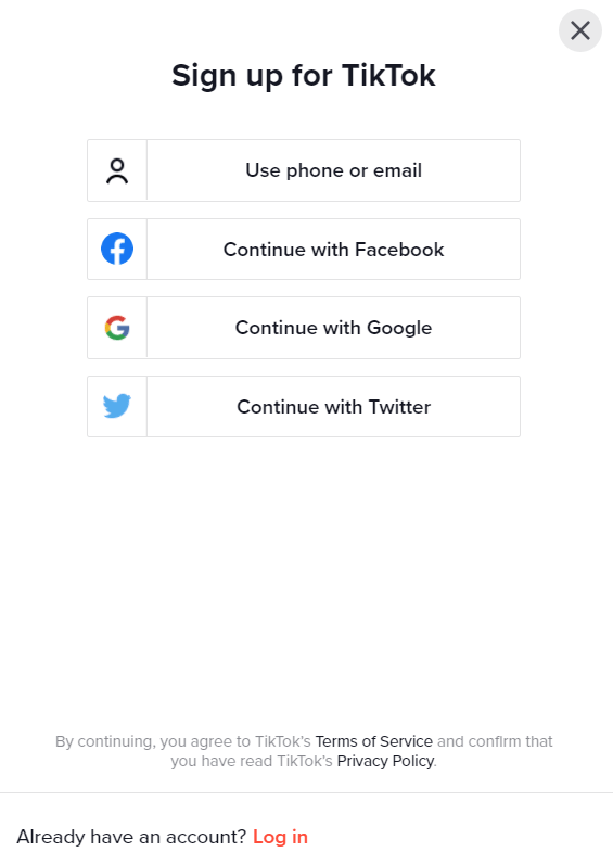 Sign up to TikTok