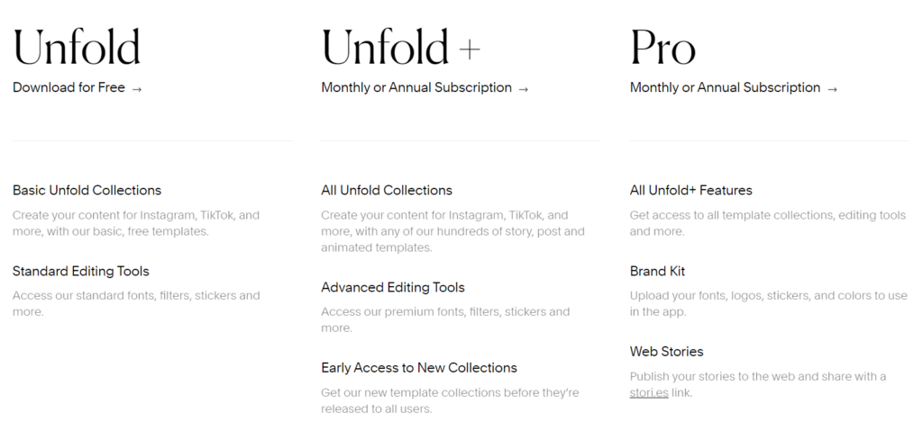 Unfold pricing plans