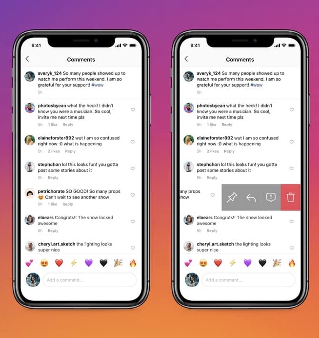Photo examples of how to pin a comment on an Instagram post
