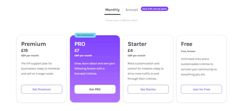 Linktree monthly pricing plans