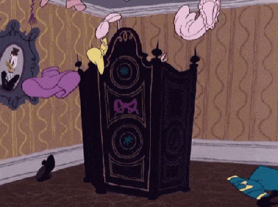 Daisy Duck frantically changing clothes behind screen GIF