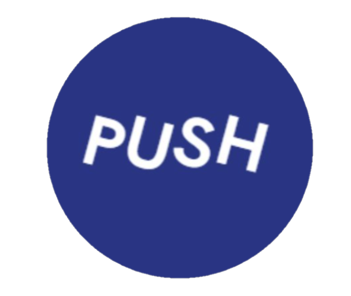 PUSH logo in circle format - blue background with white writing in italics 