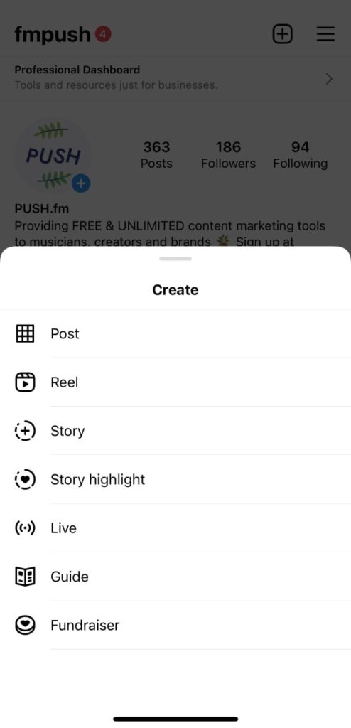 Image showing Instagram's create post options