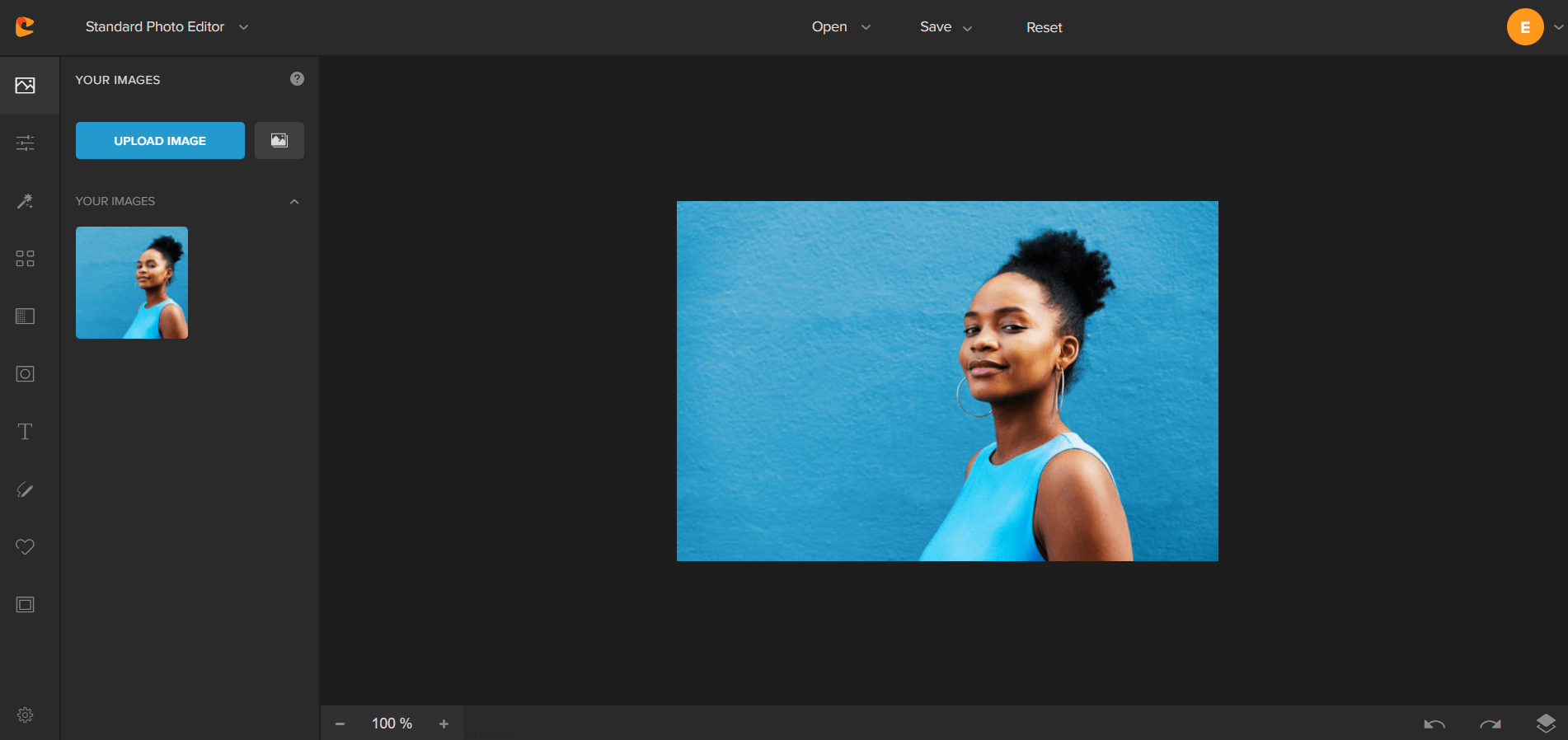 Colorcinch website. Image loaded ready to edit of a woman against a blue background.