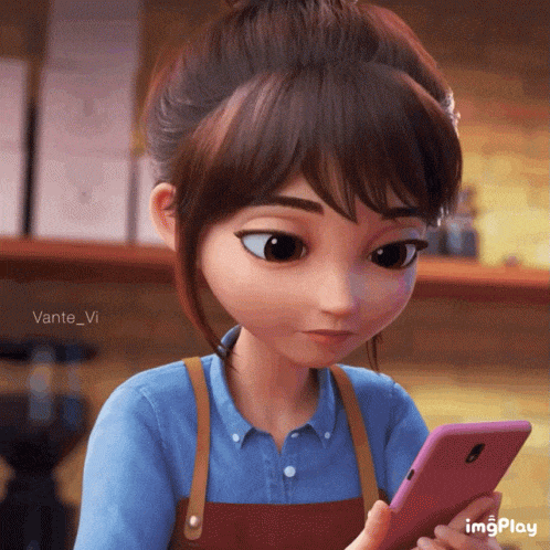 Cartoon female looking at her smartphone in awe 