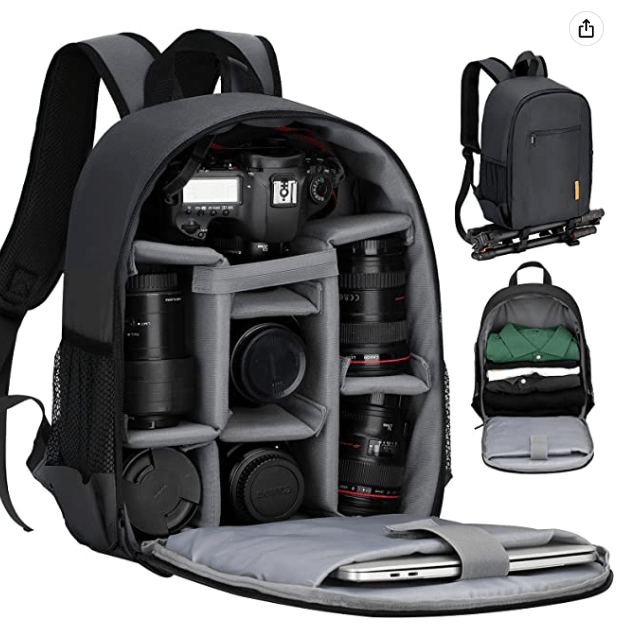 Camera backpack with various compartments 