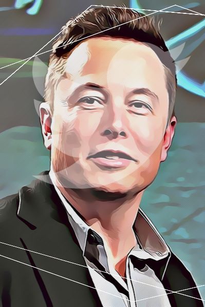 Elon Musk cartoon style image with overlay of Twitter logo over face