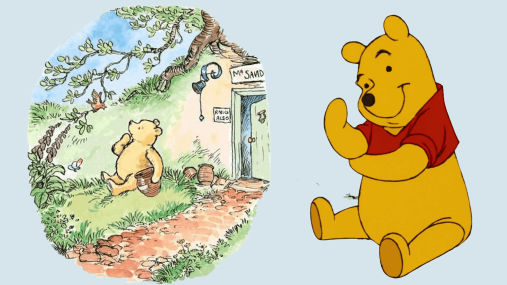 Winnie the Pooh, two different versions. The first on the left is by A. A. Milne and is Pooh sat by his house, surrounded by trees and holding a honey pot. The second is the Disney version, with him holding his paw up to signal thinking.