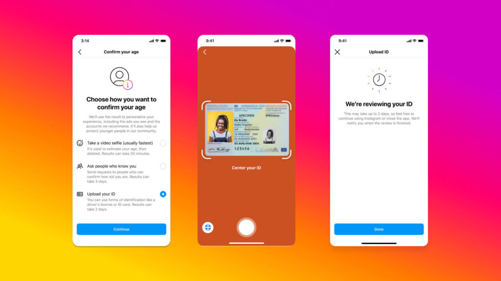 Background is gradient purple, to pink, to yellow from top right-hand corner down to bottom left. In the foreground there are 3 smartphone templates all with Instagram screens loaded. They take you step by step through the age verification process. 