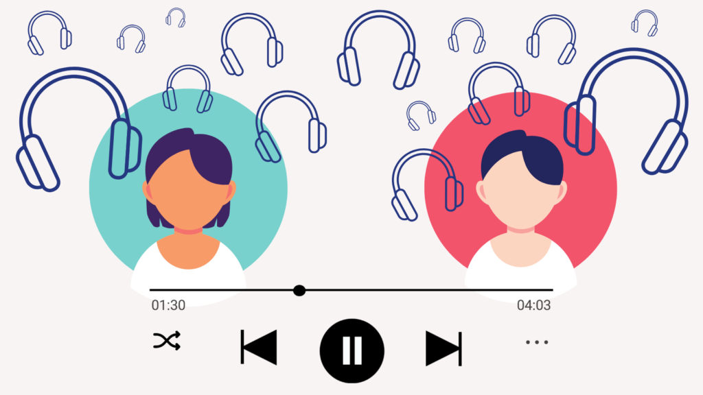 Female cartoon, faceless head on blue circle background next to male cartoon, faceless head on red circle background. Underneath is a Spotify play bar. Surrounding them are various sizes of headphones.