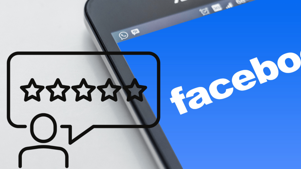 Large phone on right side of image with Facebook loading. On the left is a graphic of a person with a speech bubble with 5 stars in.