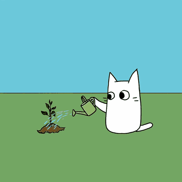 Cartoon of a cat watering a plant until it grows into a large tree and an apple falls off onto it