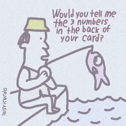 Cartoon GIF of a man sat on a ledge, fishing. The background is a pale grey/blue colour and the cartoon is all line drawings in black. He has caught a fish. There is speech that says "Would you tell me the 3 numbers in the back of your card?"