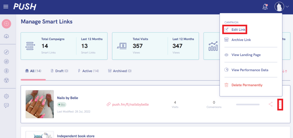 Smart Link dashboard. Showing how to get to Edit Link.