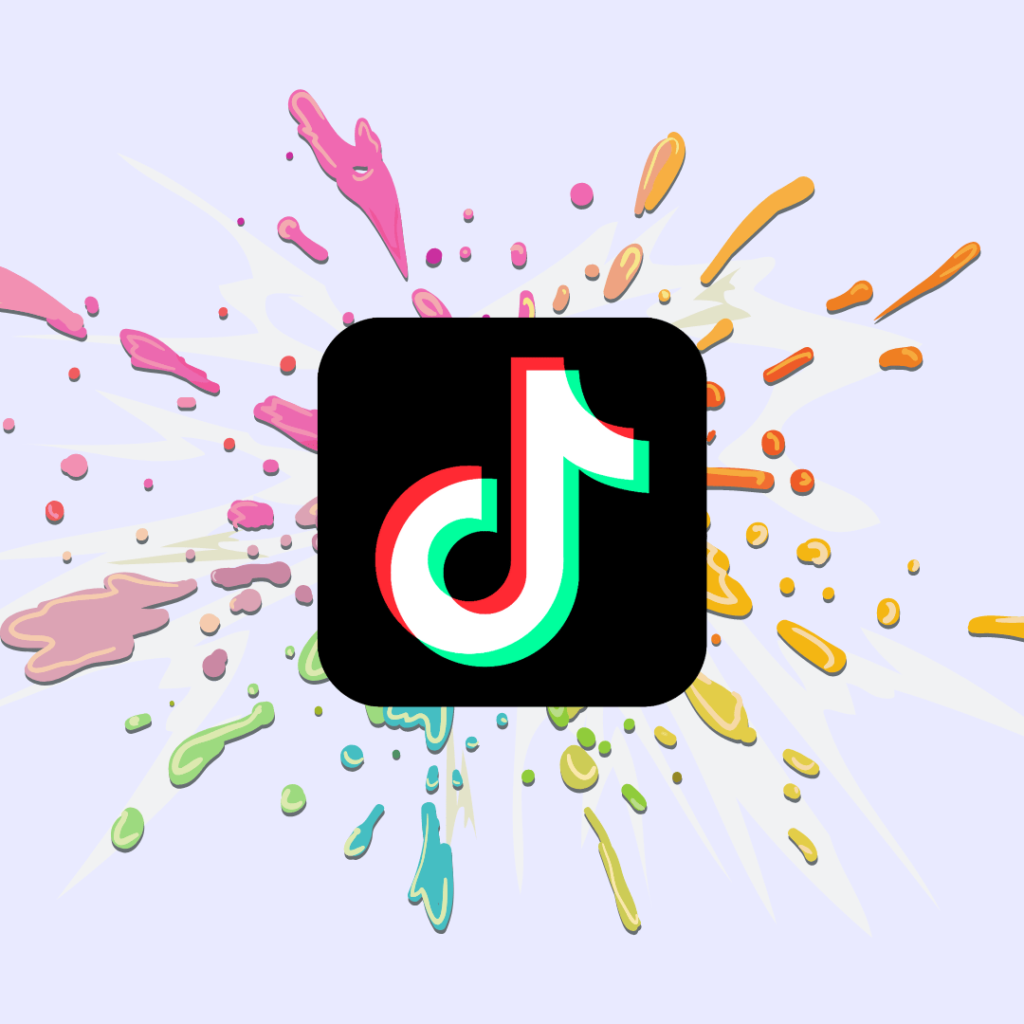 Grey background with paint splatter. In the foreground there is a TikTok logo.