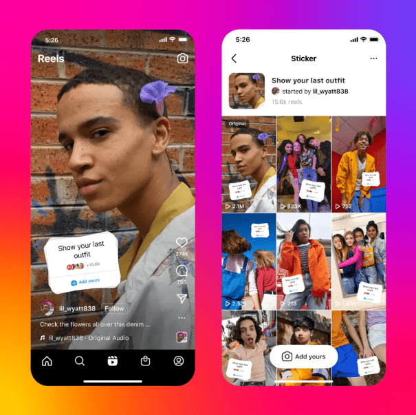 Instagram colours within background. Foreground shows two smartphone templates. One has a person close up modelling against a graffitied wall with an Add Yours sticker saying "Show your last outfit". The second has all videos posted under that Add Yours sticker.