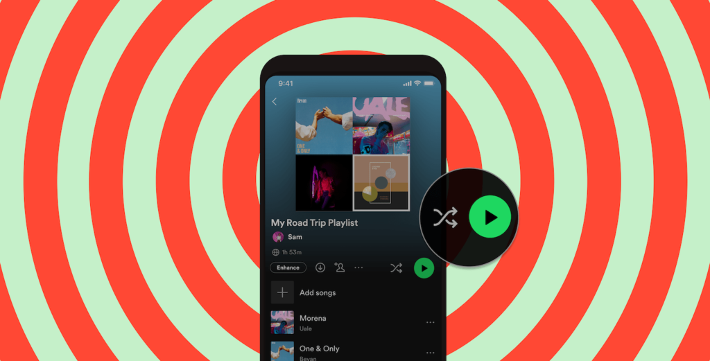 Red and pale green target circles within the background. The foreground has a smartphone with Spotify loaded. It has the play and shuffle buttons magnified. 