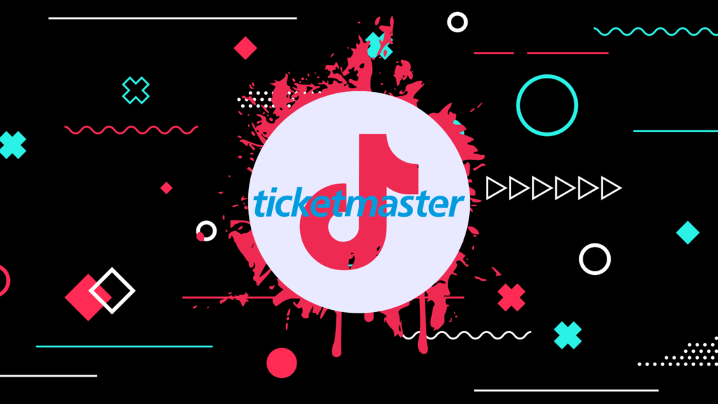 Black background with various shapes across it. In the foreground is a white TikTok logo sat against a red paint splatter. There is a Ticketmaster logo on top of this.