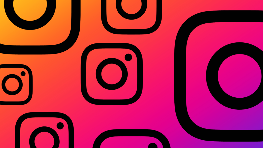 Instagram colours gradient background from orange to purple. Instagram logo of all sizes across the image.