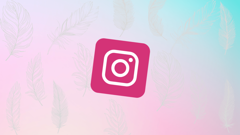 Gradient pink to blue background with faint feathers scattered. In the foreground is a pink Instagram icon.