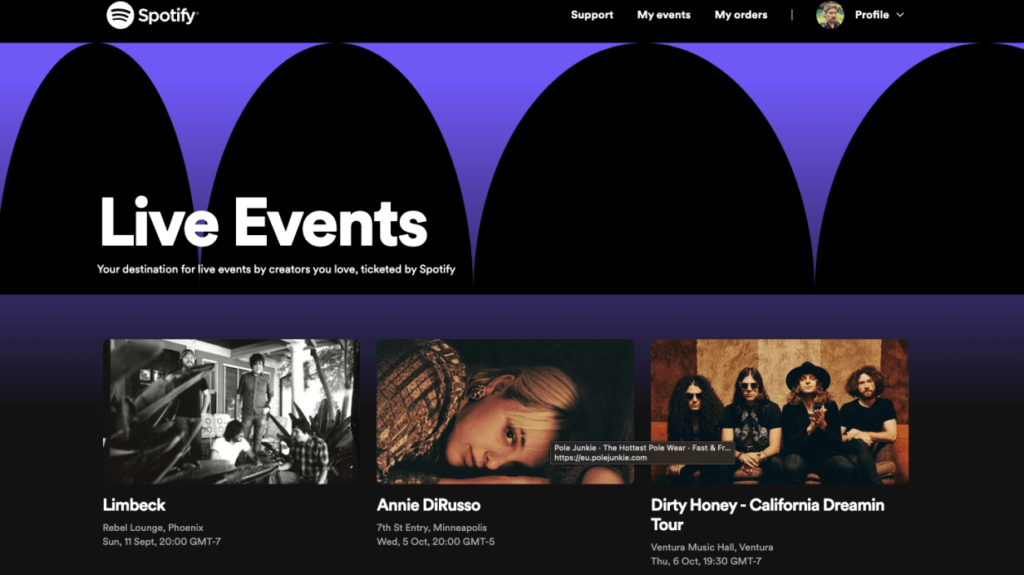 Spotify Live Events view within the desktop version.