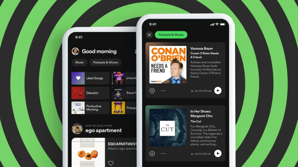 Spotify green and black circles background. It looks like a target. In the foreground there are 2 smartphones. One with music loaded and the other with Podcasts.