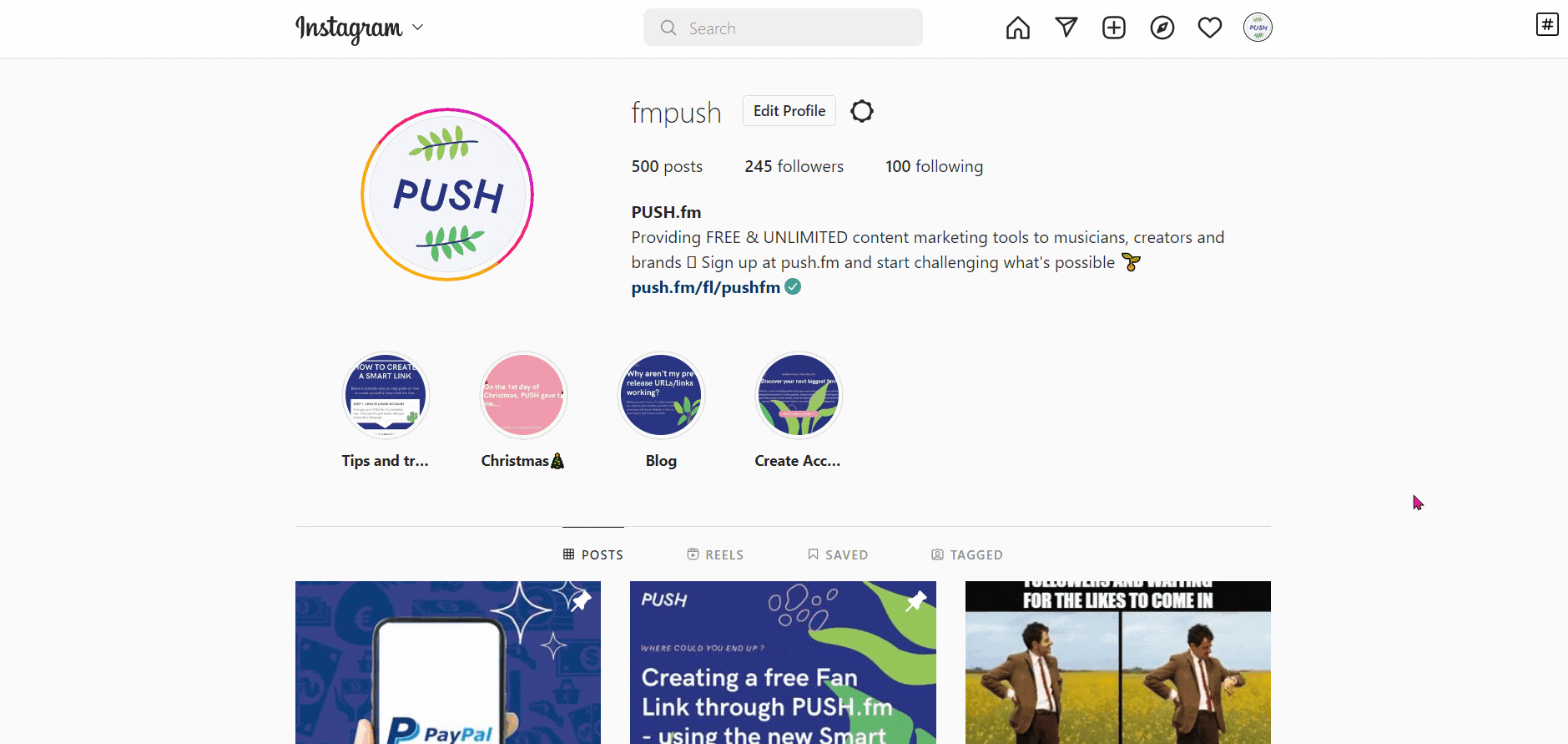 GIF showing PUSH.fm's Instagram account
