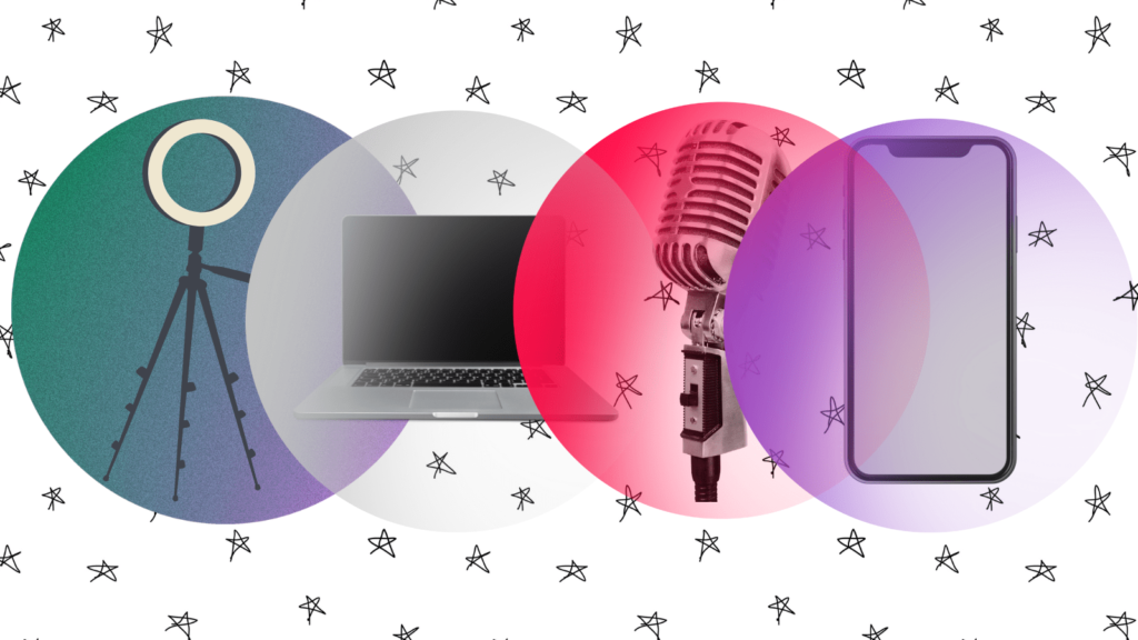 Star patterned background. In the foreground are 4 gradient coloured circles. Within them are a ring light, a laptop, a microphone and a smartphone.