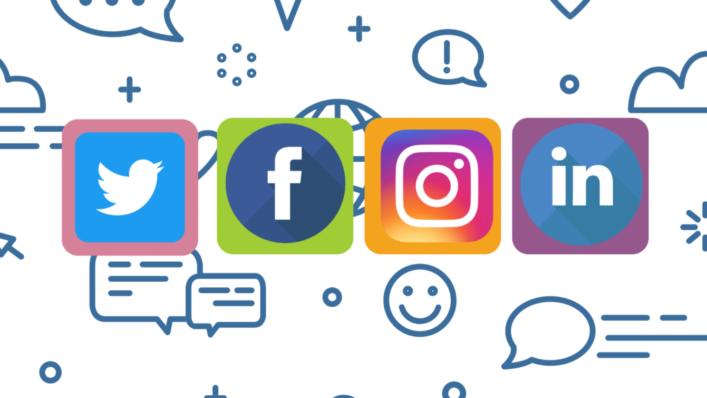 White background with messenger symbols and smiley face emojis. In the foreground is 4 coloured squares each with a social media logo inside.