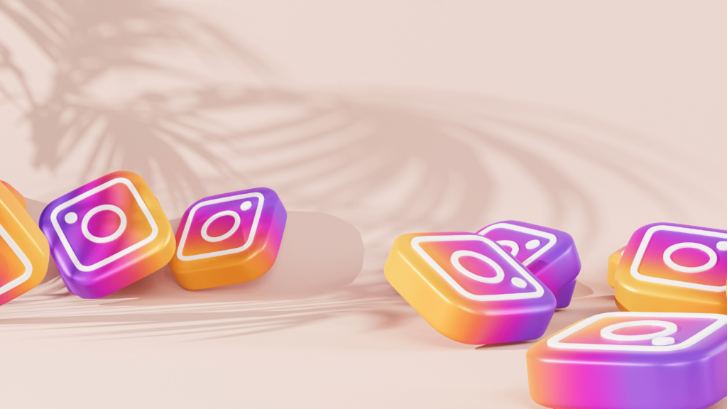 Instagram logo fallen tiles. Background is pink with palm leaf patterns