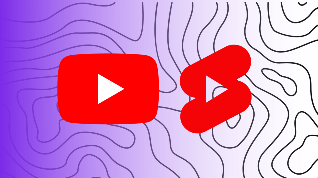 Gradient purple background left to right. Swirls across the background. In the foreground is a YouTube play logo and a YouTube Shorts logo