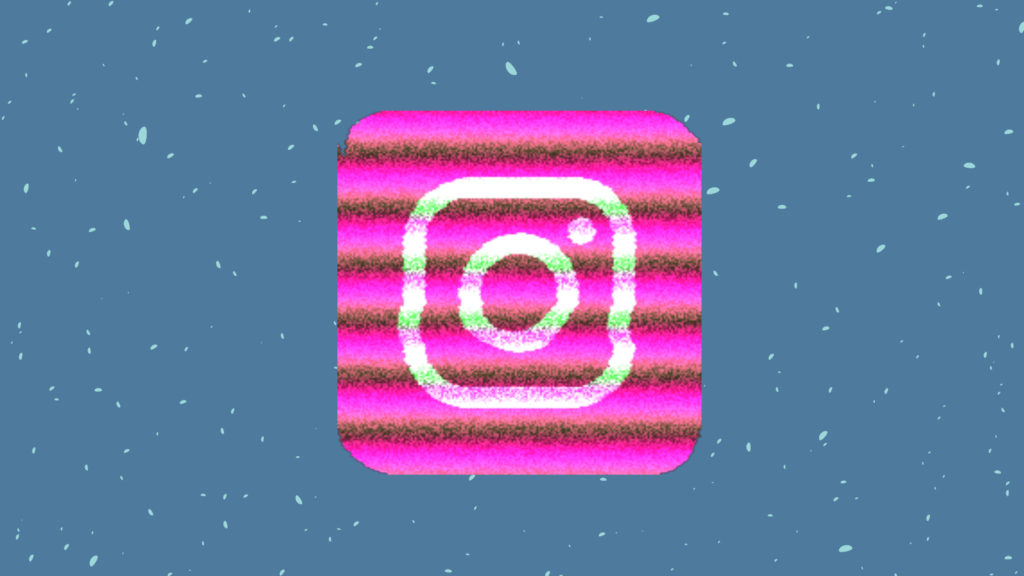 Dark blue background with light blue speckles. In the foreground is a pink Instagram logo with glitch lines running through it like a bad TV.
