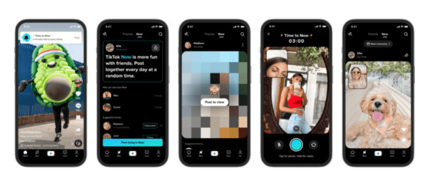 5 smartphones all with a different view point of TikTok Now loaded up.