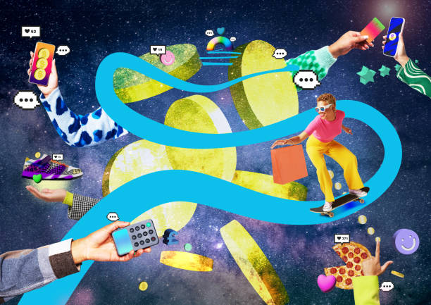 Galaxy background with windy road. Lots of graphics going on, smartphones, pizza, shoes etc. Showing various shopping varities.