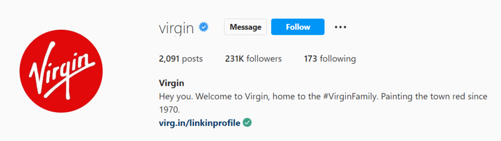 Virgin Instagram bio