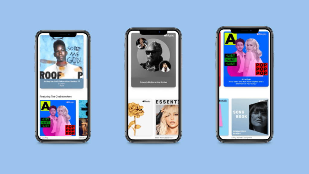 Blue background. Three smartphones in foreground with Apple Music loaded.
