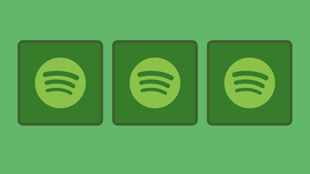 Pale green background. Three dark green rounded squares in the foreground with a Spotify logo in each.