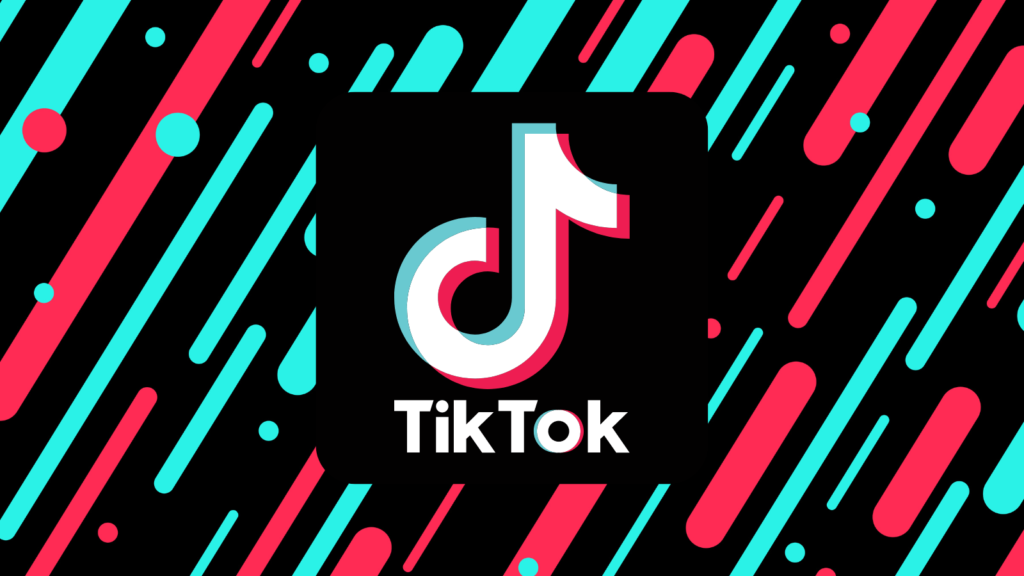 TikTok black background, with red and blue lines. In the foreground is the TikTok logo.