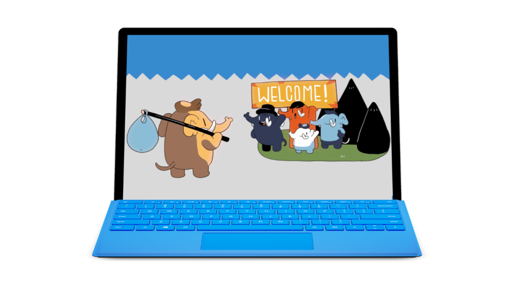 Mastodon imagery of one elephant with a sack on a stick heading towards other elephants with a welcome sign. This is shown on a laptop with a blue keyboard.