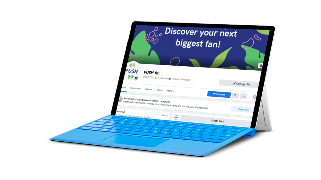 PUSH's Facebook account shown on a tablet.