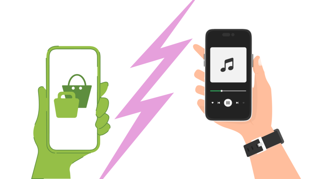 Green Shopify logo on a smartphone being held. In the middle is a purple lightning bolt. Then on the right is a hand holding a smartphone with a music player app loaded.