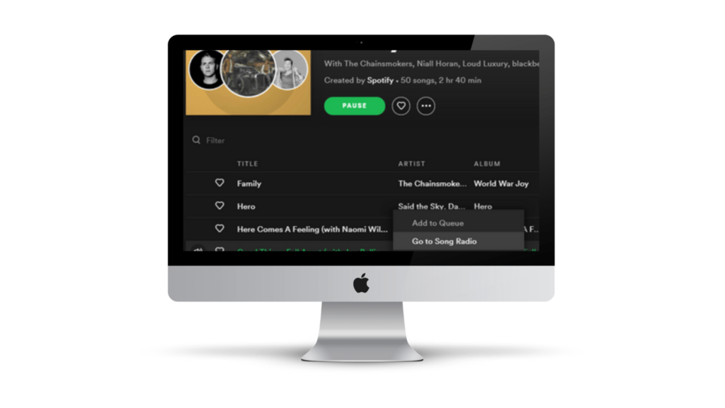 Spotify radio example on a desktop computer