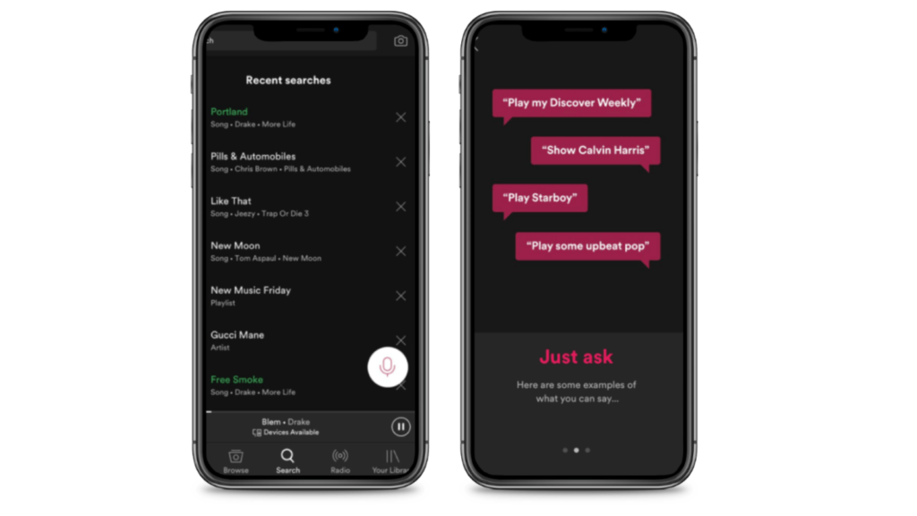 Spotify voice control preview on 2 smartphones side by side