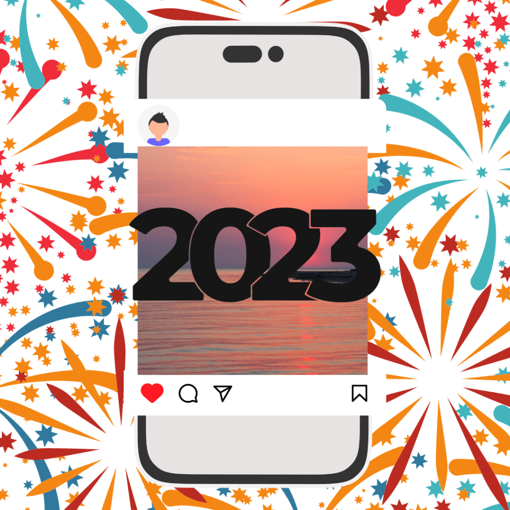 Firework background. In the foreground is a smartphone with Instagram loaded. It has a sunset picture with 2023 written across it.