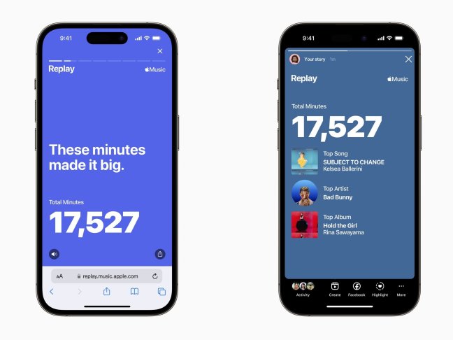 Two smartphones side by side with Apple Music Replay statistics on